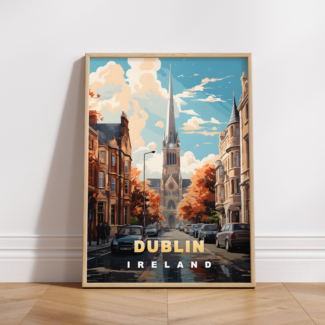 Dublin Ireland Retro Travel Poster Church Spire Autumn Street View