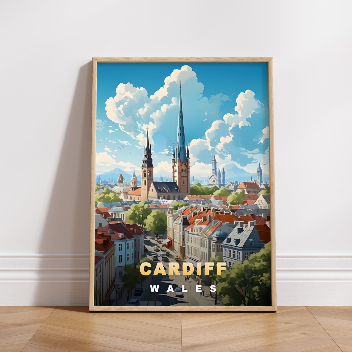 Cardiff Wales Historic Street Church Spires City Travel Poster