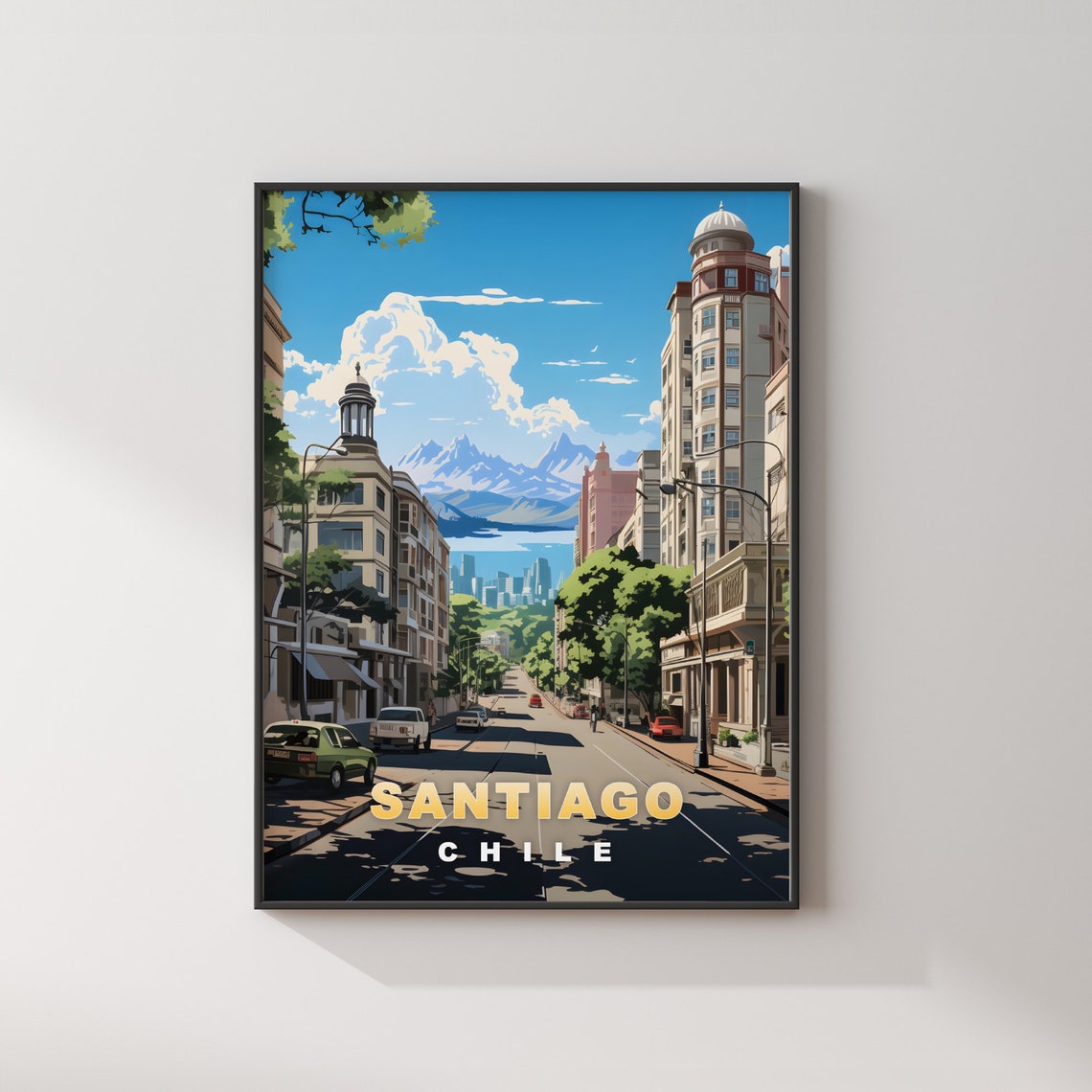 Santiago Chile Grand Avenue Snow Mountains City Travel Poster - Image 2