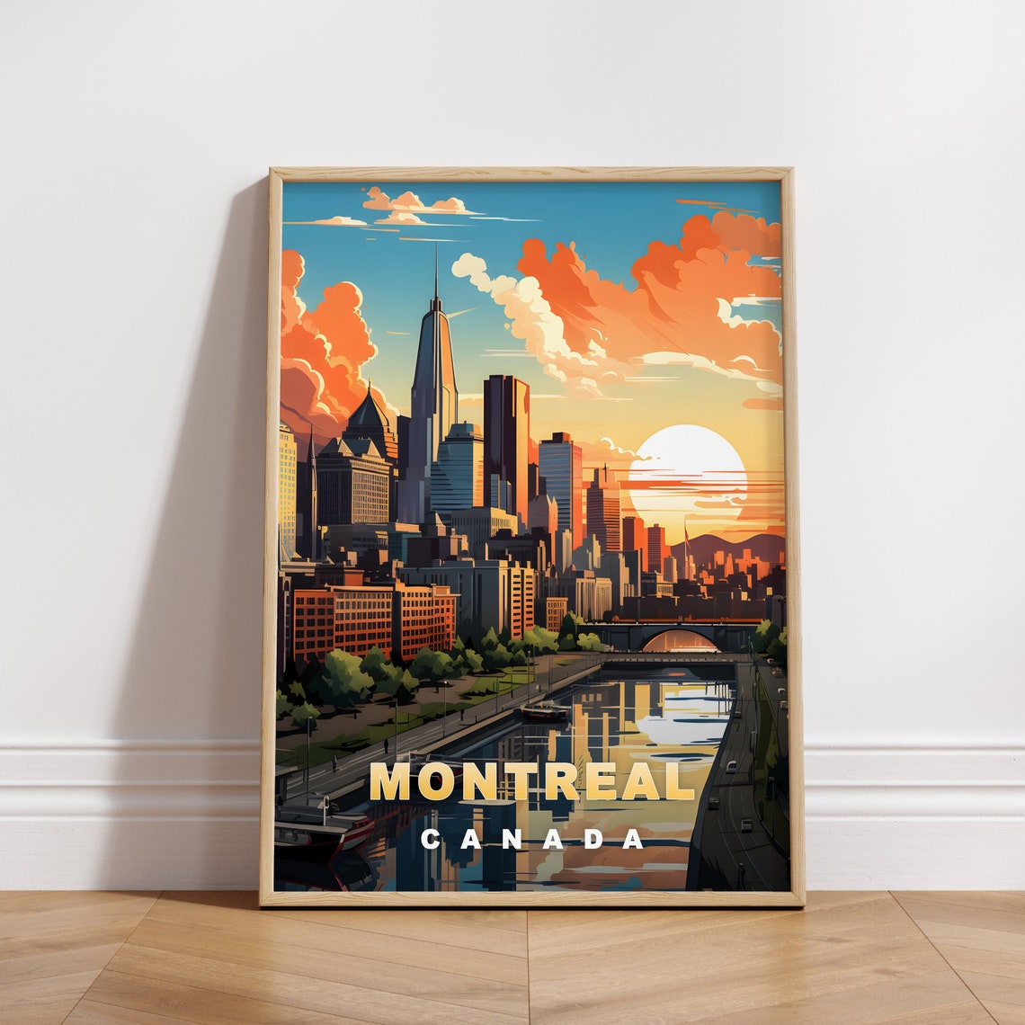 Montreal Canada Skyline Sunset Harbor River Vintage Travel Poster