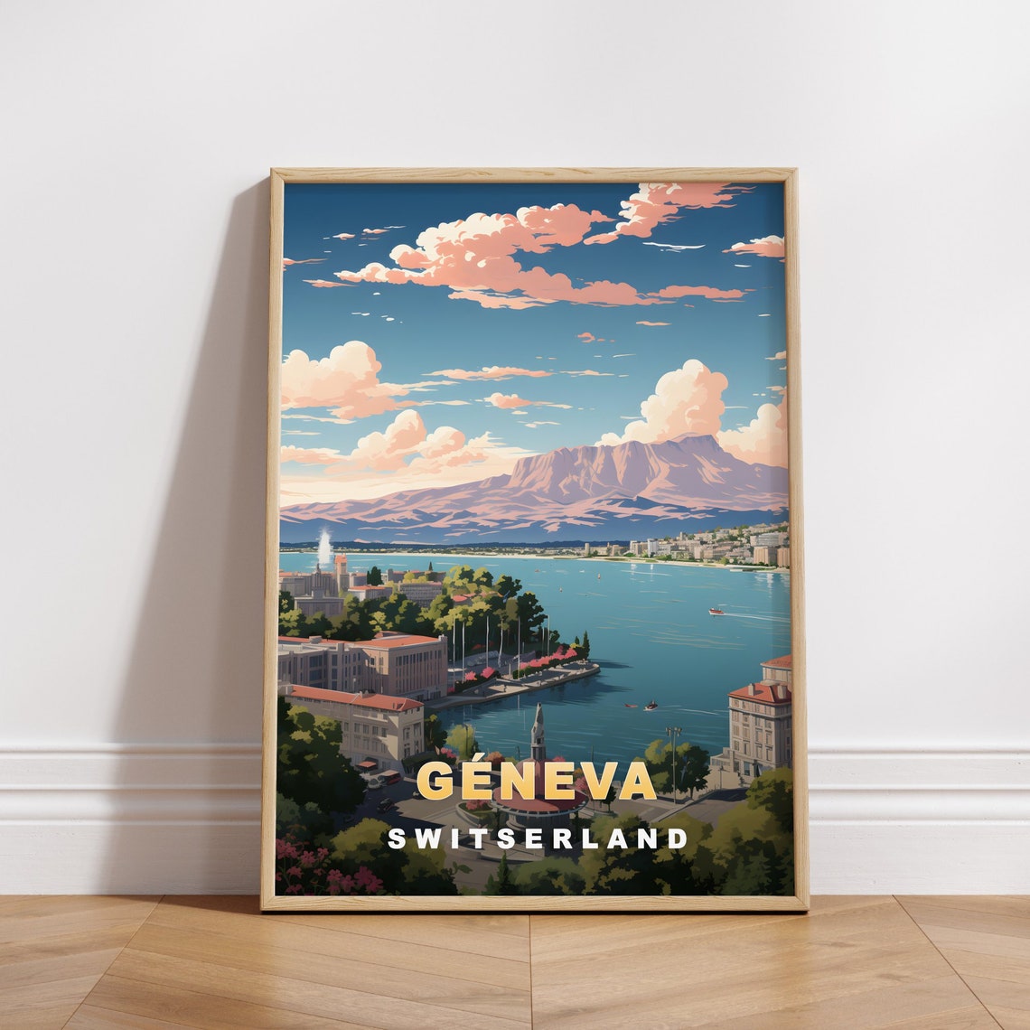 Sunny Geneva Switzerland Retro Travel Poster Lake Mountains Vista