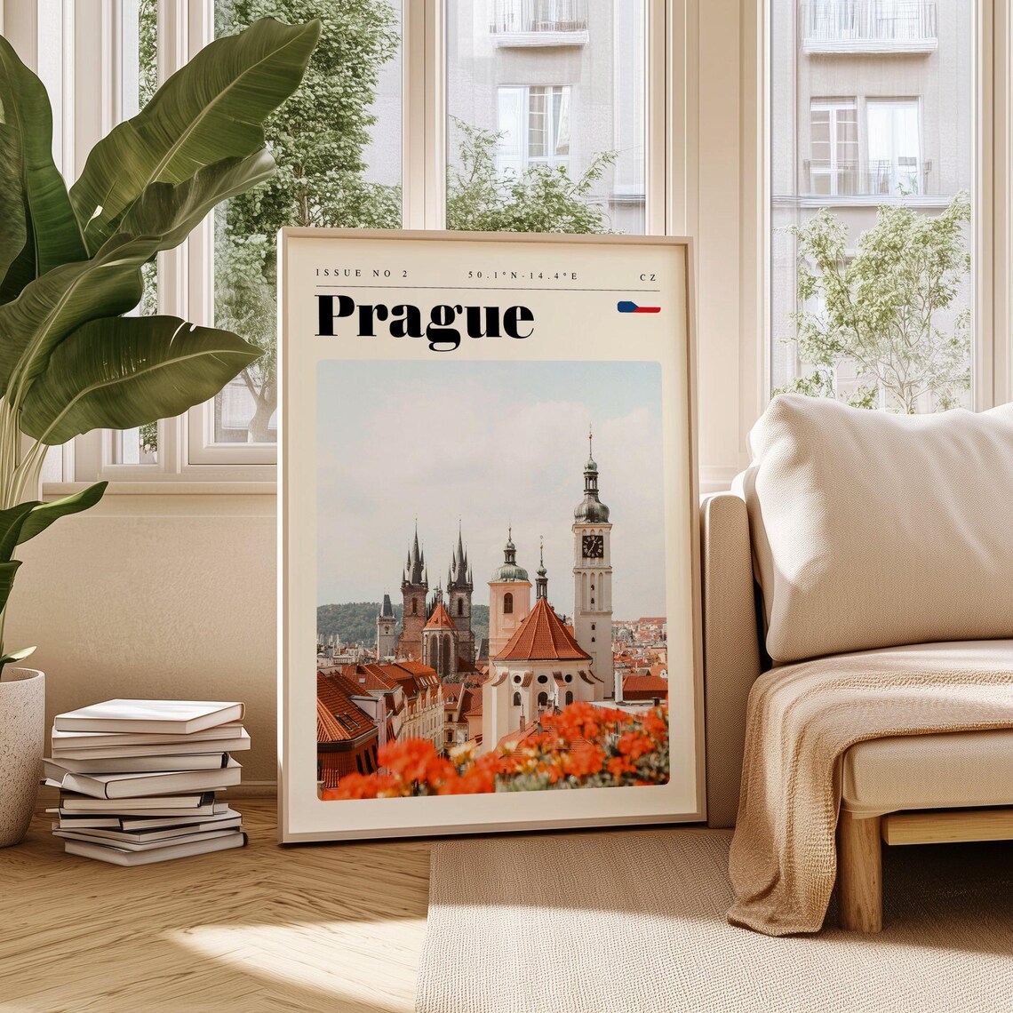 Prague Czech Vintage Travel Poster Old Town Church Spires and Roofs