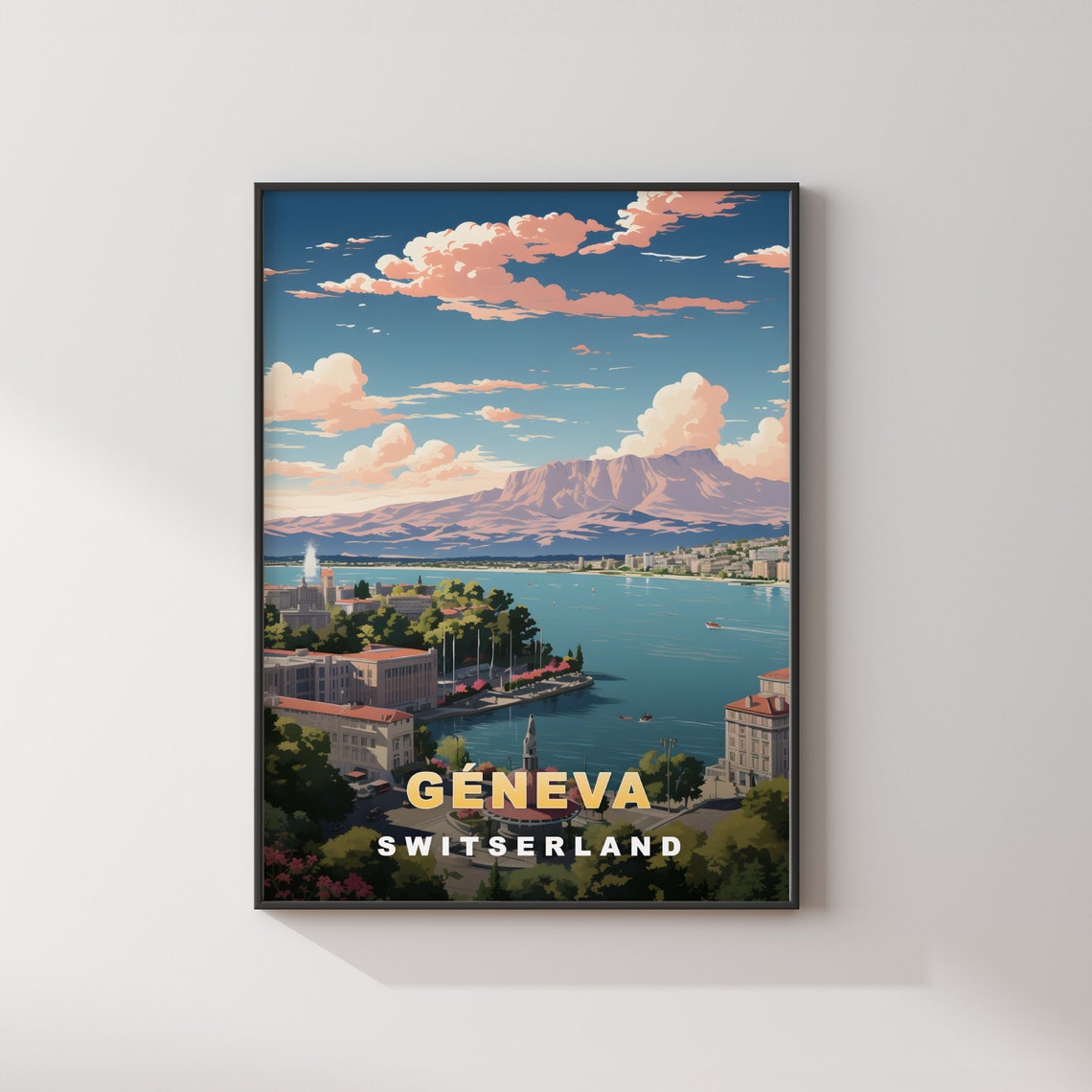 Sunny Geneva Switzerland Retro Travel Poster Lake Mountains Vista - Image 2