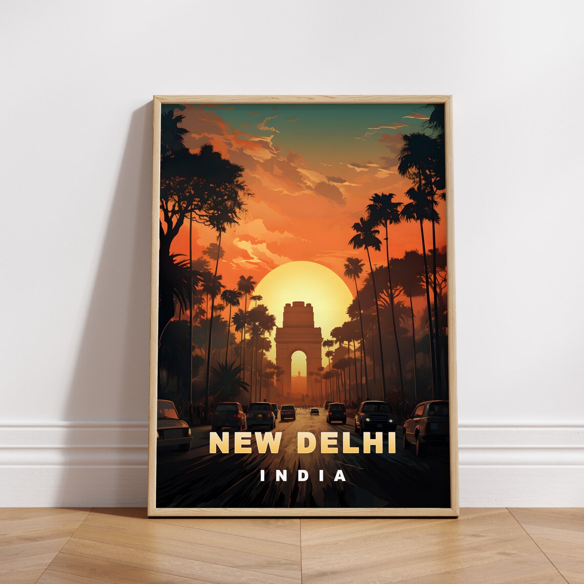 New Delhi India Gate Golden Sunset Avenue Palm Retro Travel Poster