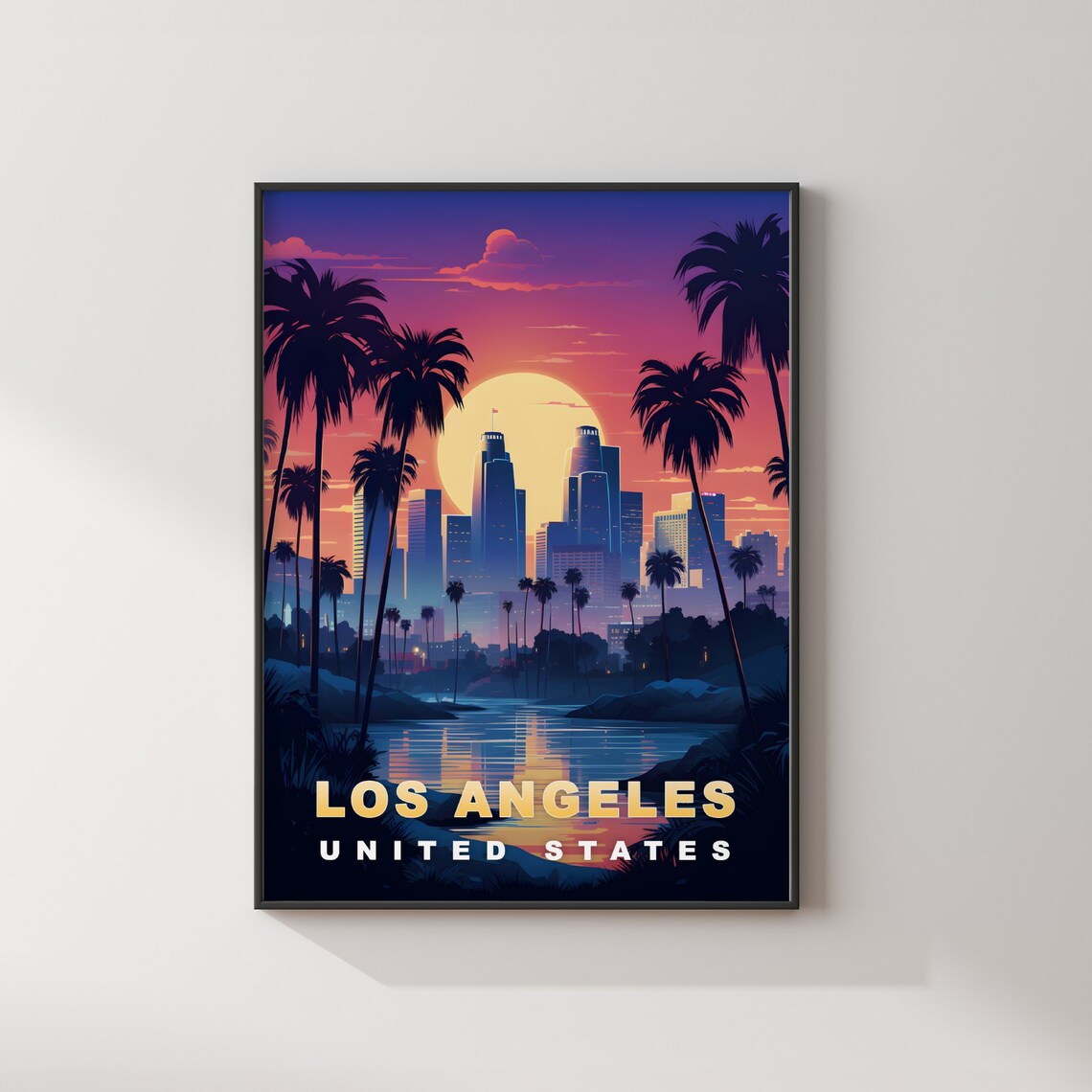 Los Angeles United States Palm Skyline Pink Sunset Travel Poster - Image 2