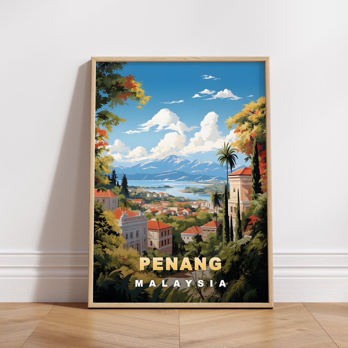 Penang Malaysia Hilltop Town Bay Overlook Retro Travel Poster