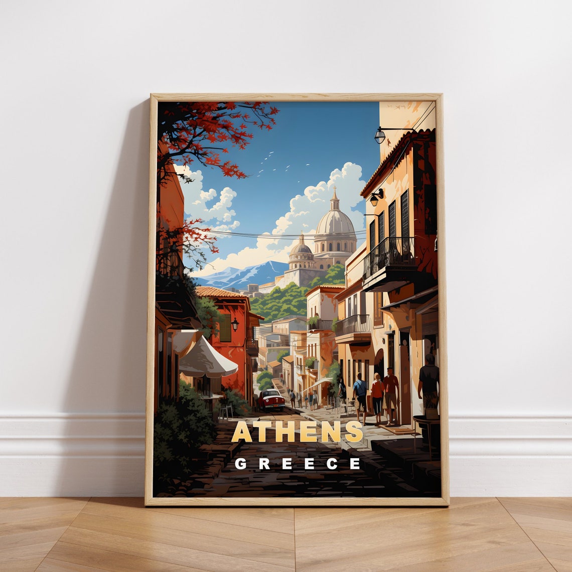 Athens Greece Sunlit Street Domed Church Hillside View Travel Poster