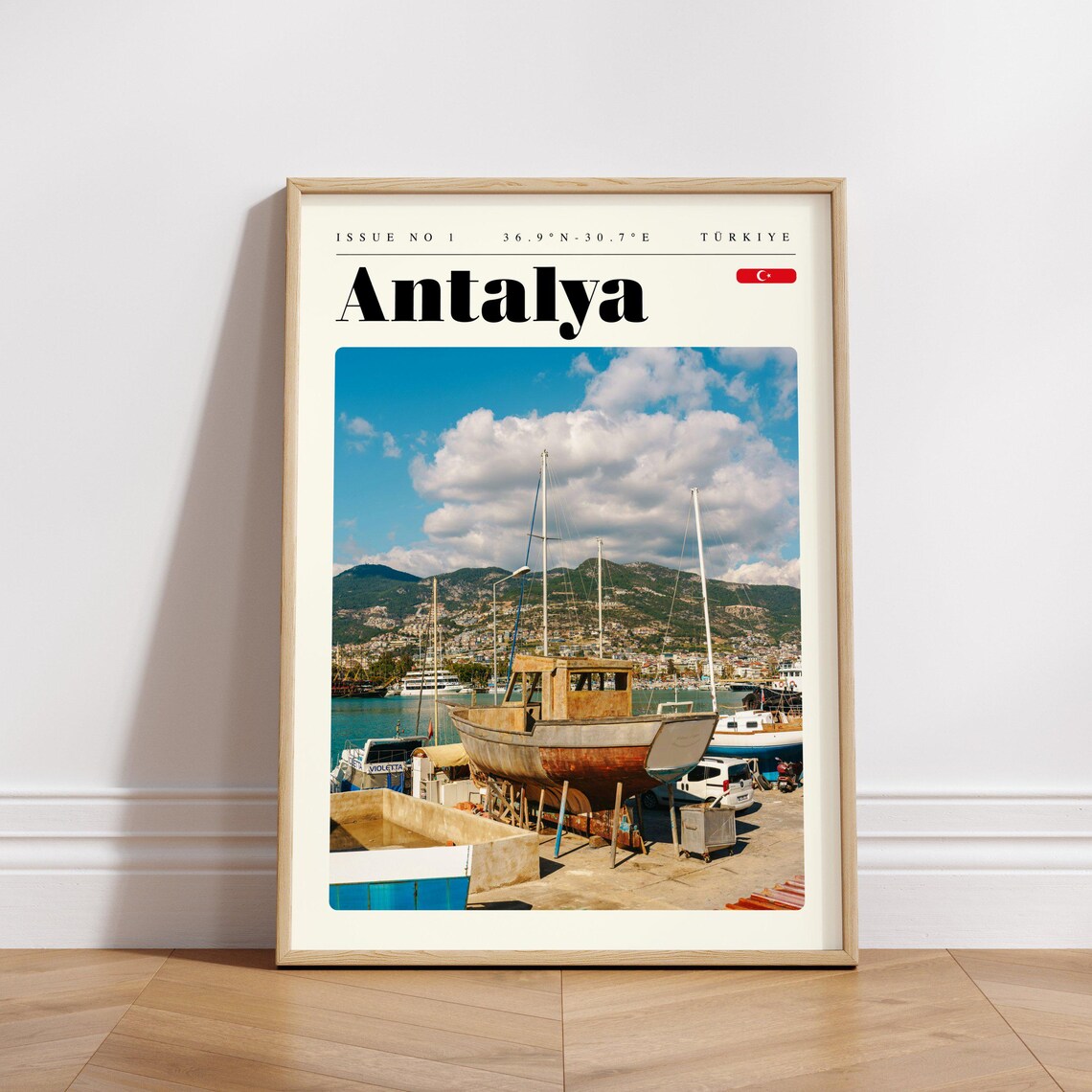 Antalya Turkey Harbor Fishing Boats Mountain Coast Travel Poster - Image 3