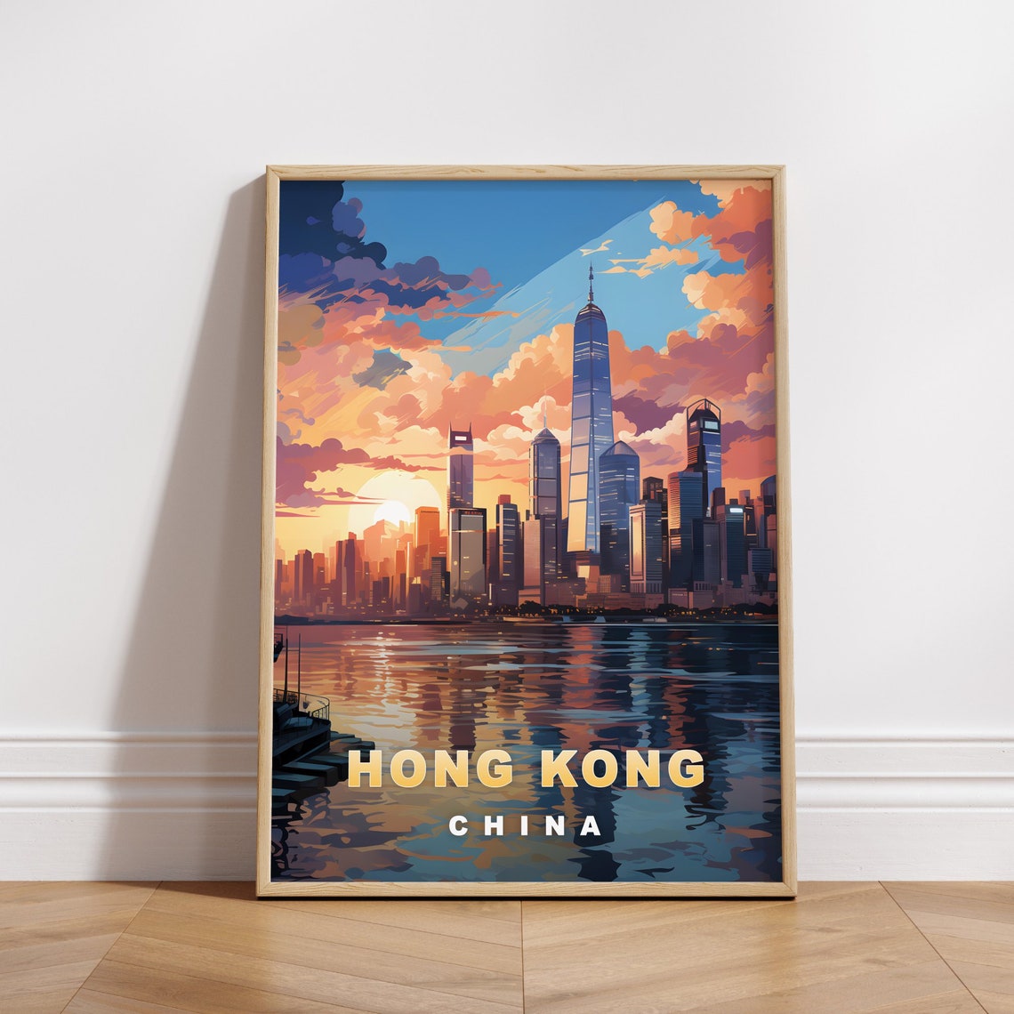Hong Kong China Skyline Sunset Water Reflection Travel Poster