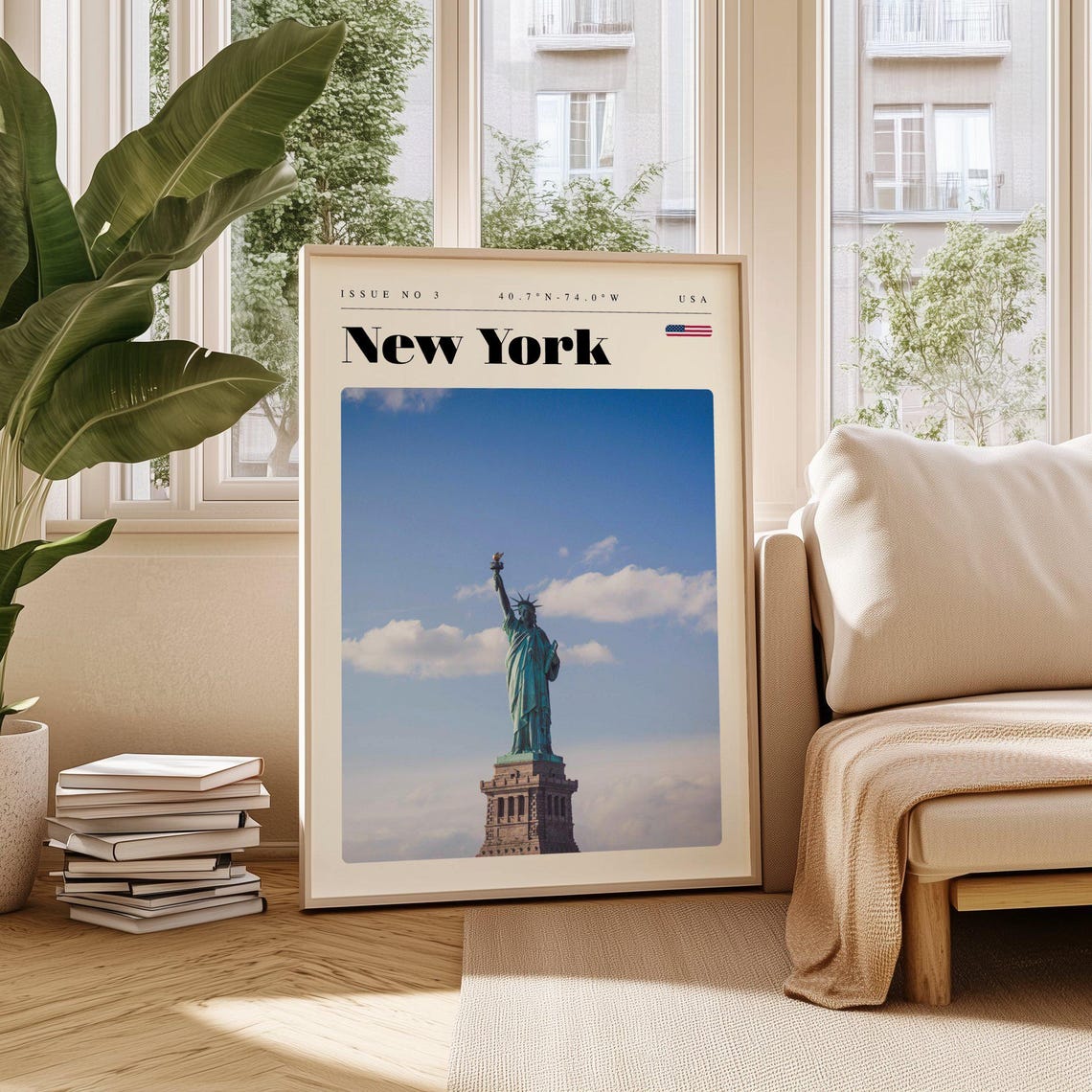 New York Statue of Liberty Harbor Blue Sky Landmark Travel Poster