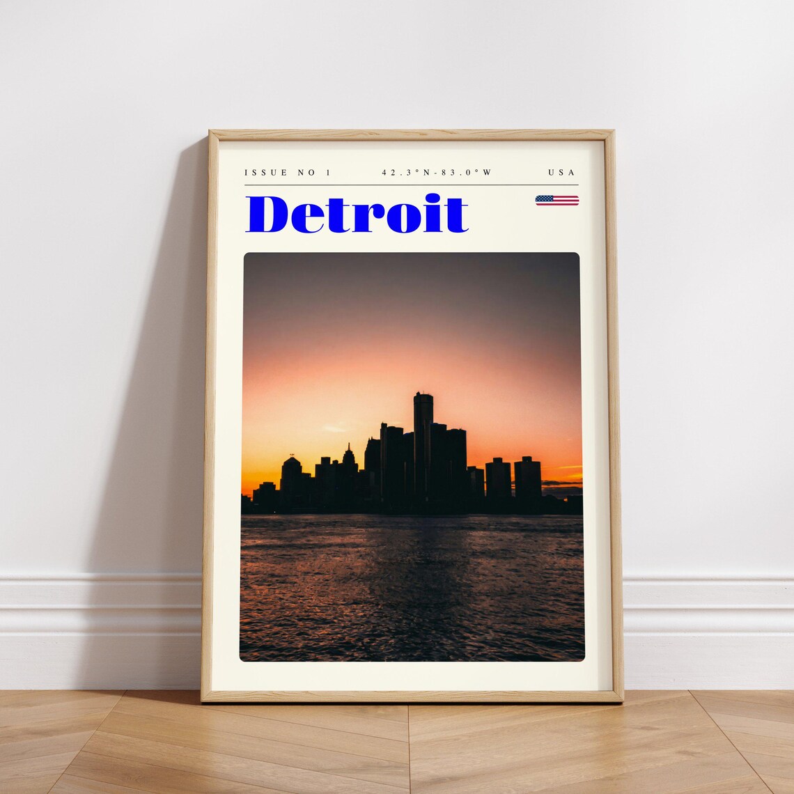 Detroit USA Sunset Skyline Silhouette Over Water Travel Poster - Image 3