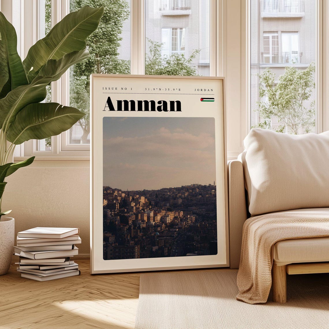 Amman Jordan Hillside Cityscape at Dusk Modern Travel Poster