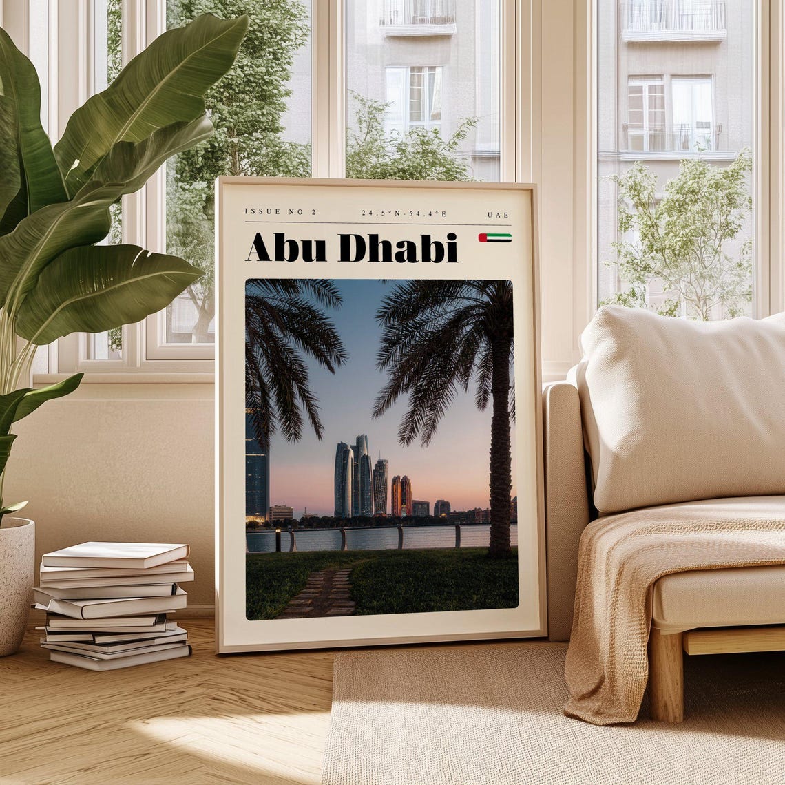 Abu Dhabi UAE Waterfront Skyline Palms Golden Hour Travel Poster