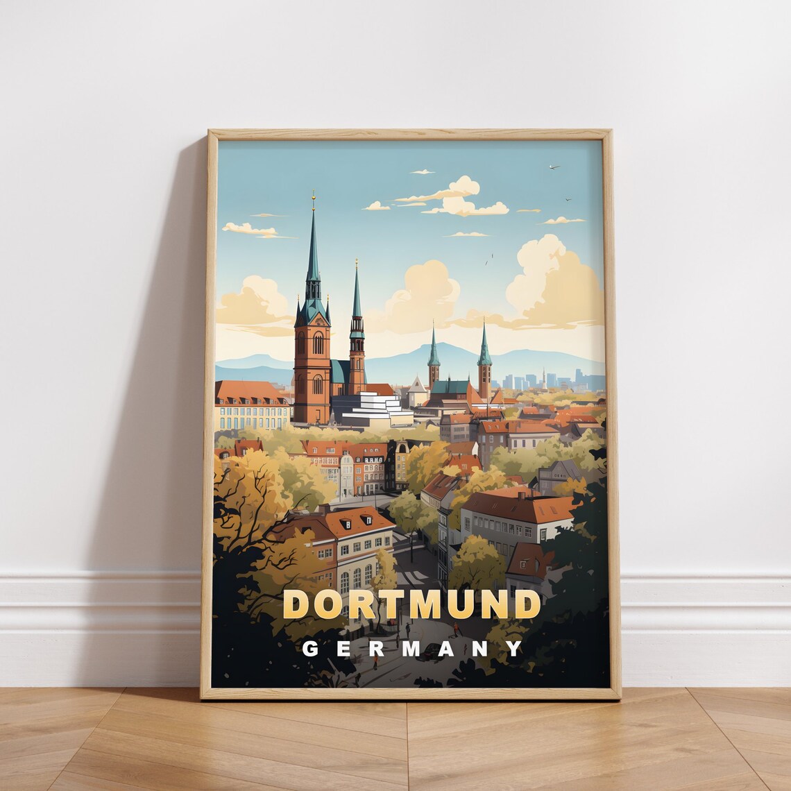 Dortmund Germany Church Spires Autumn Cityscape Vintage Travel Poster