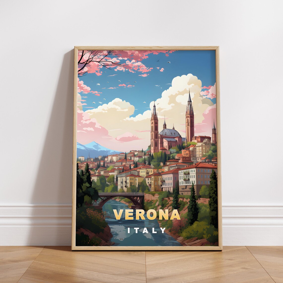 Verona Italy River Bridge Church Towers Scenic Travel Poster