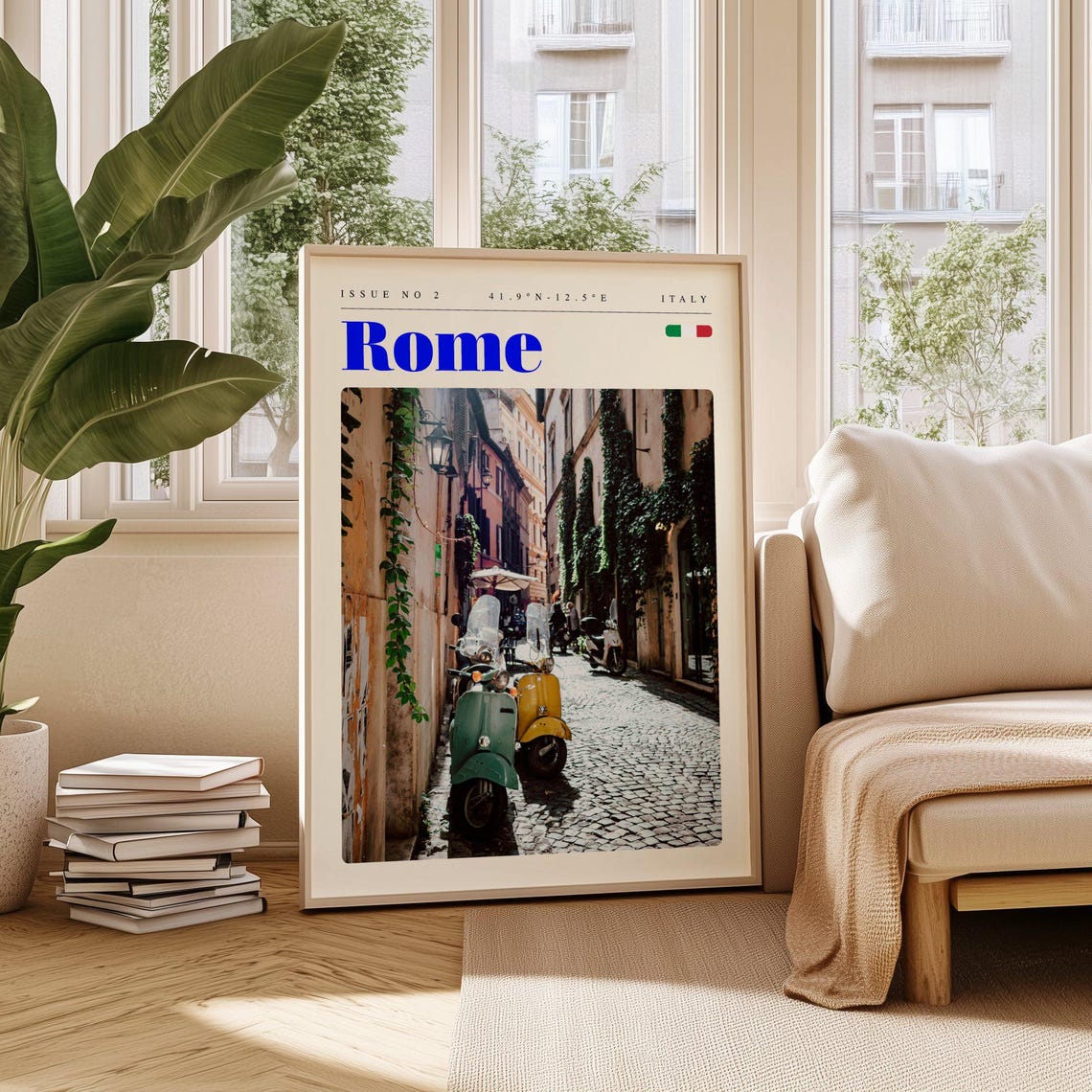 Rome Italy Cobblestone Alley Colorful Vespas Modern Travel Poster