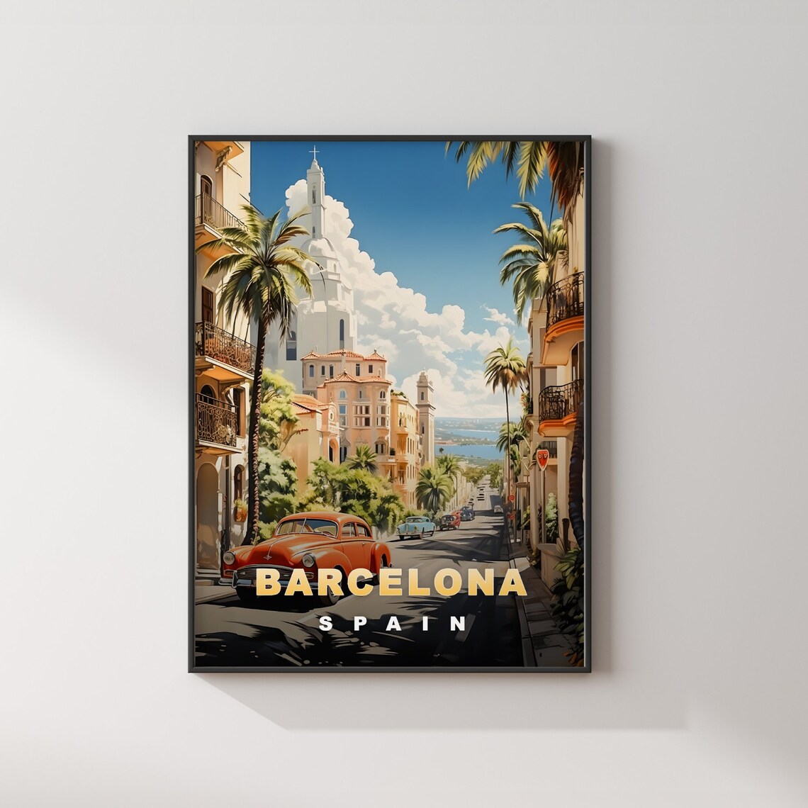 Barcelona Spain Palm Street Vintage Car Church Tower Travel Poster - Image 2
