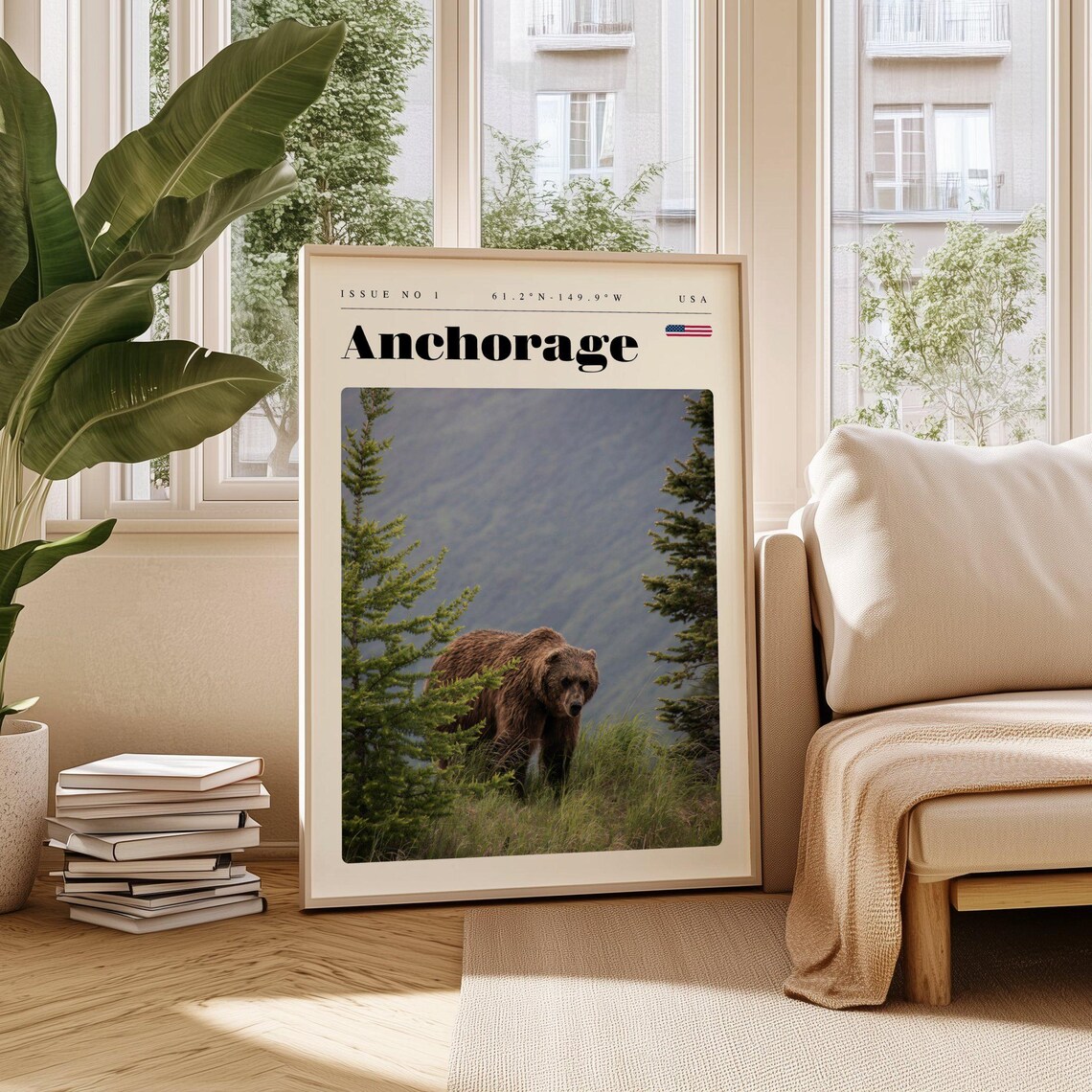 Anchorage USA Brown Bear in a Green Meadow Mountain Travel Poster