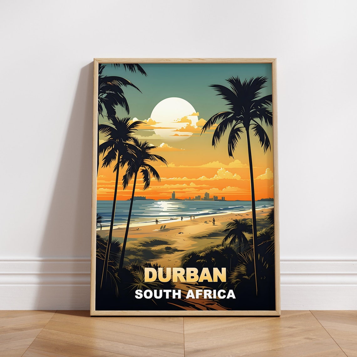 Durban South Africa Golden Beach Palms Sunset Shore Travel Poster
