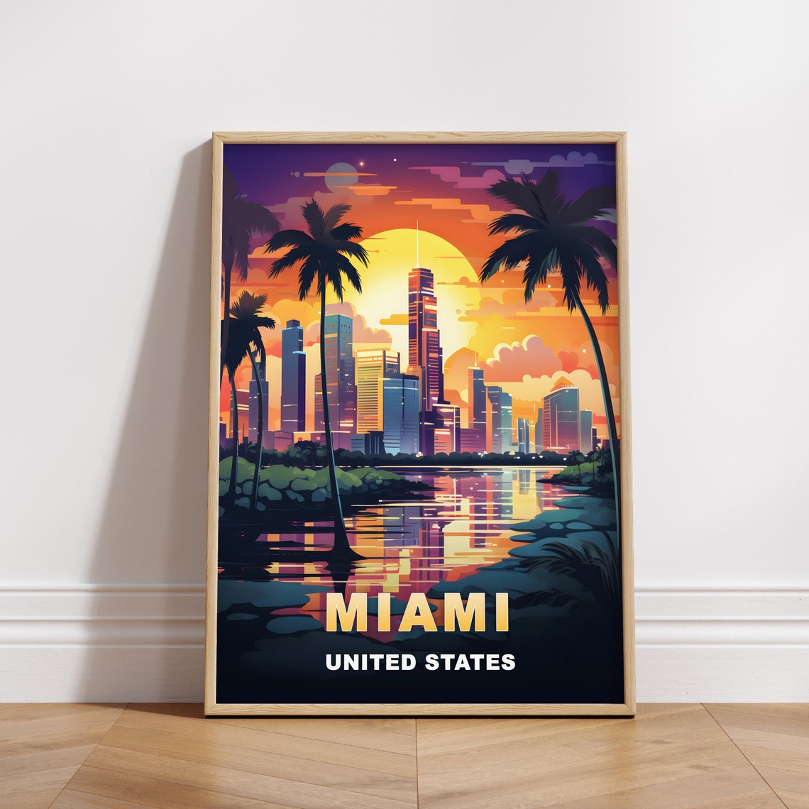 Miami Florida Skyline Sunset Palm Trees Waterfront Travel Poster