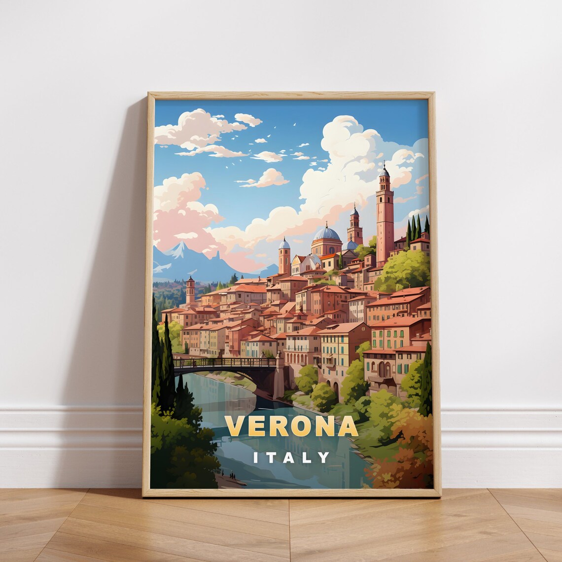 Verona Italy Riverside Hillside Old Town Panorama Travel Poster