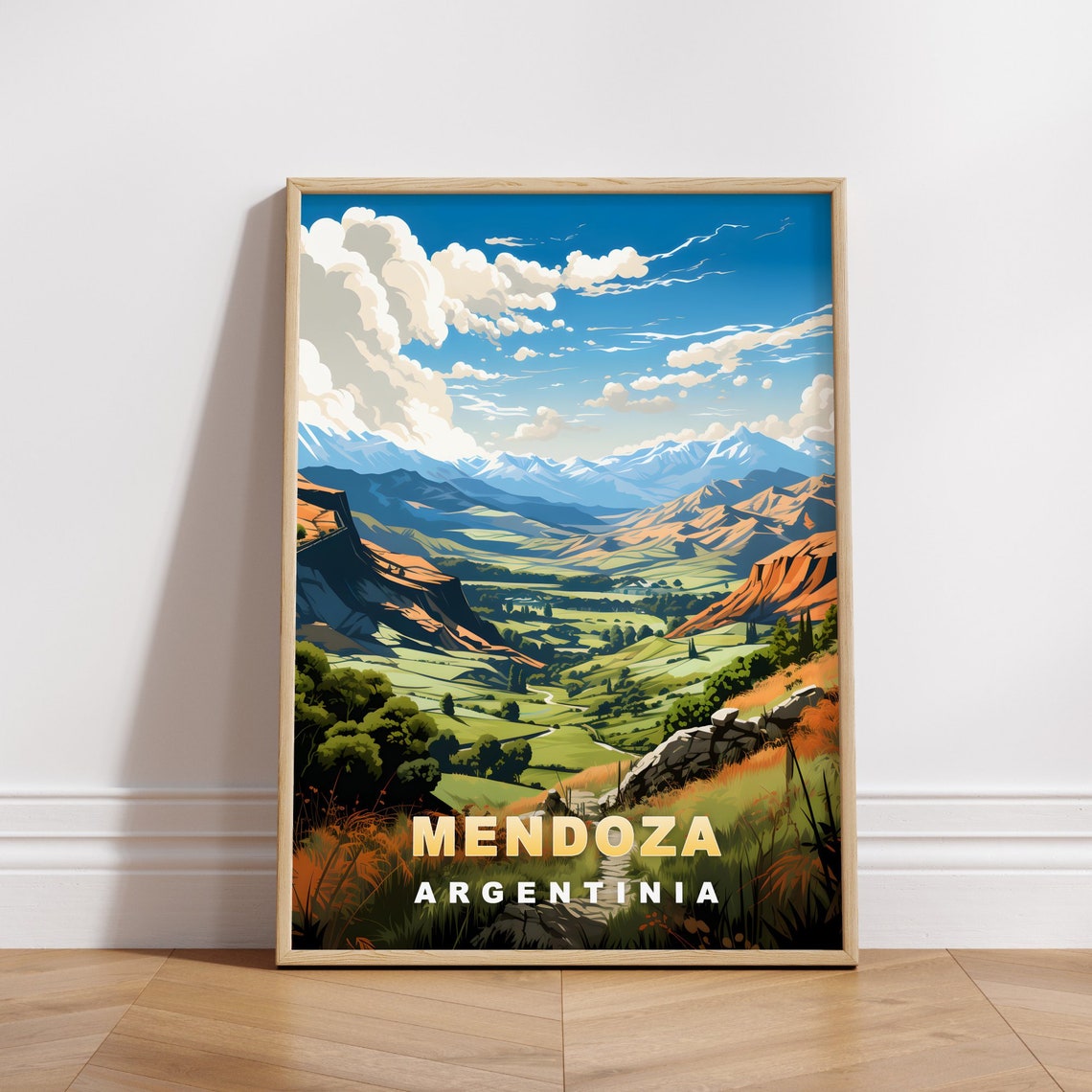 Mendoza Argentina Green Valley Mountain Vista View Travel Poster