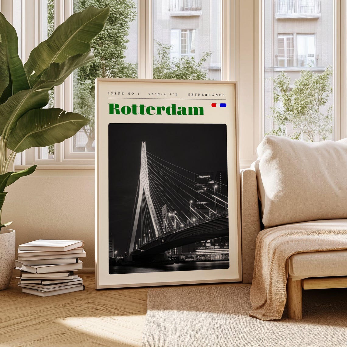 Rotterdam Netherlands Erasmus Bridge Night Modern Travel Poster