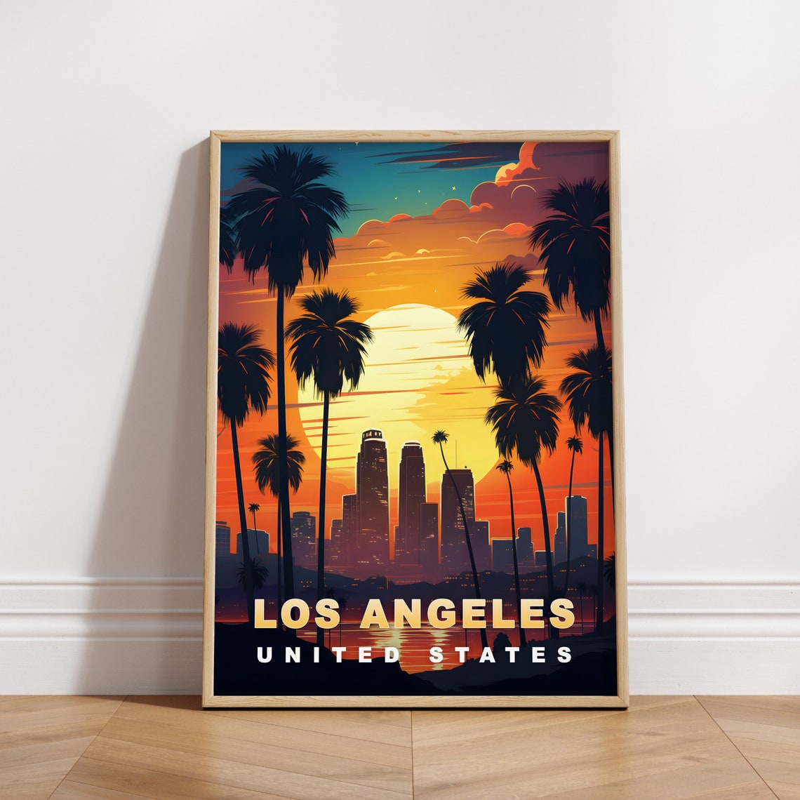 Los Angeles Palm Trees Sunset Downtown Skyline Travel Poster