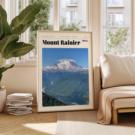 Mount Rainier USA National Park Snow Peak Green Valley Poster