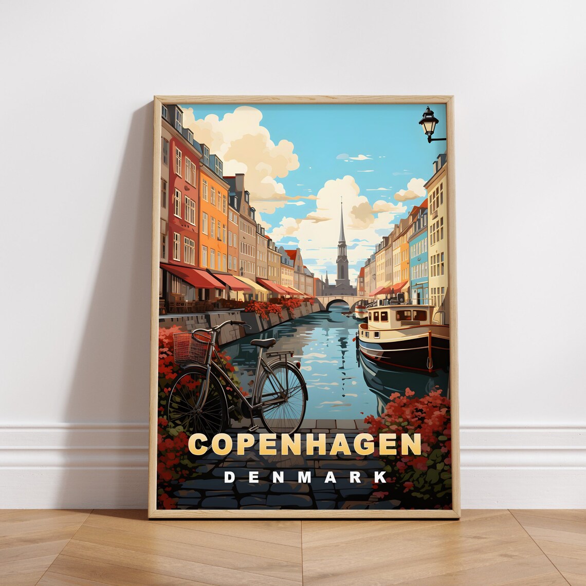 Copenhagen Denmark Canal Colorful Houses Bicycle Travel Poster