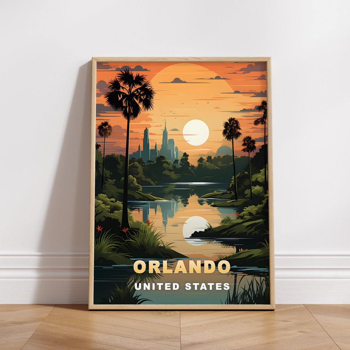 Orlando United States Lake Palm Sunset Skyline Travel Poster