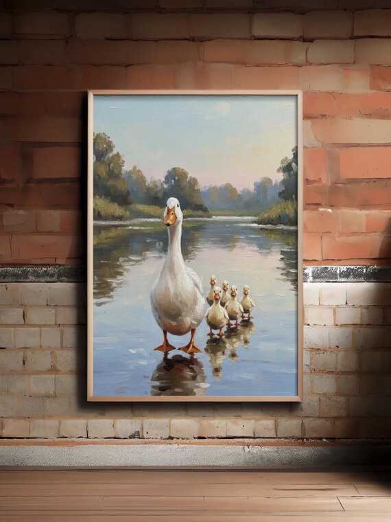 Mother Duck and Five Ducklings Shallow Water Cute Animal Oil Poster