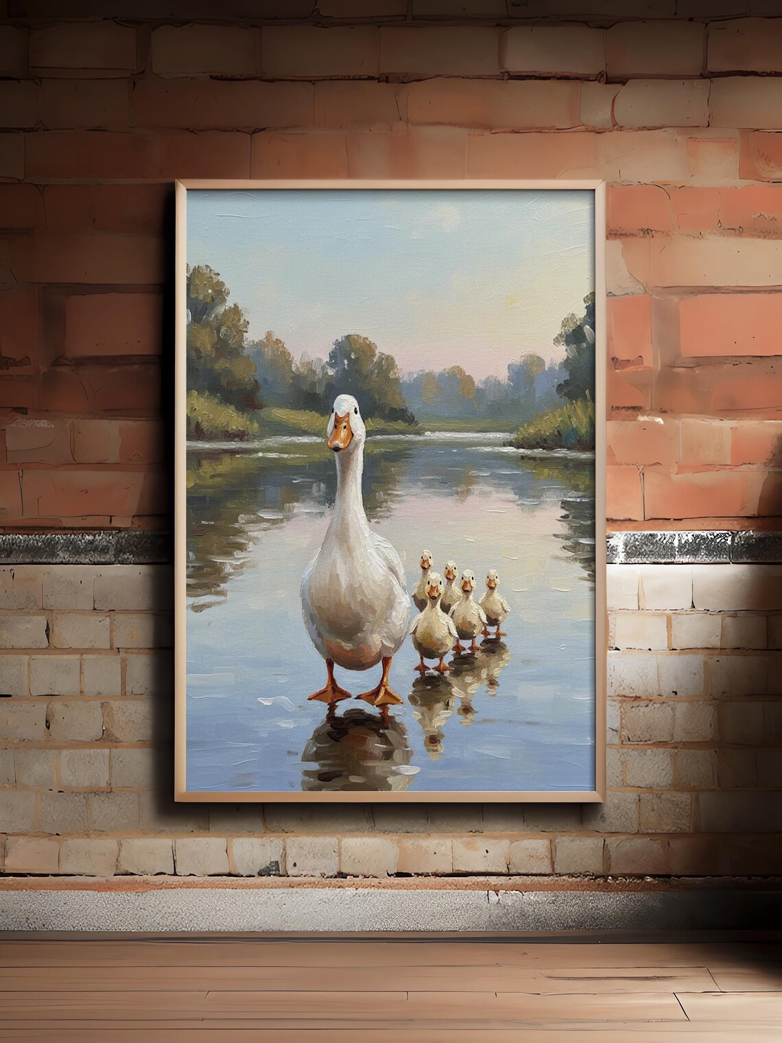 Mother Duck and Five Ducklings Shallow Water Cute Animal Oil Poster