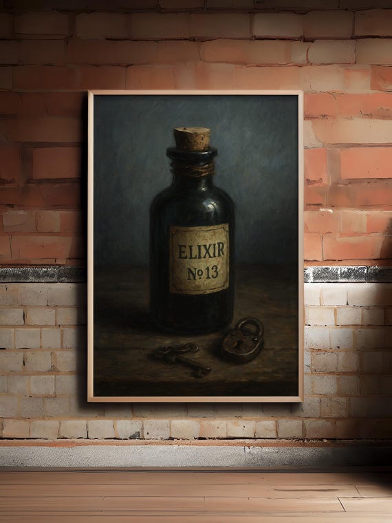 Elixir No13 Potion Bottle With Key And Lock Gothic Dark Academia Halloween Still Life