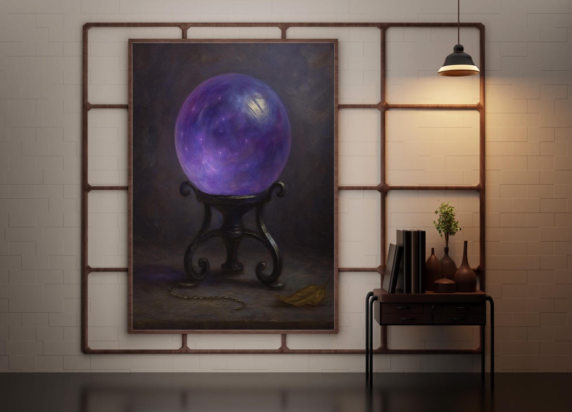 Purple Crystal Ball On Stand Mystical Fortune Telling Sphere Halloween Decor