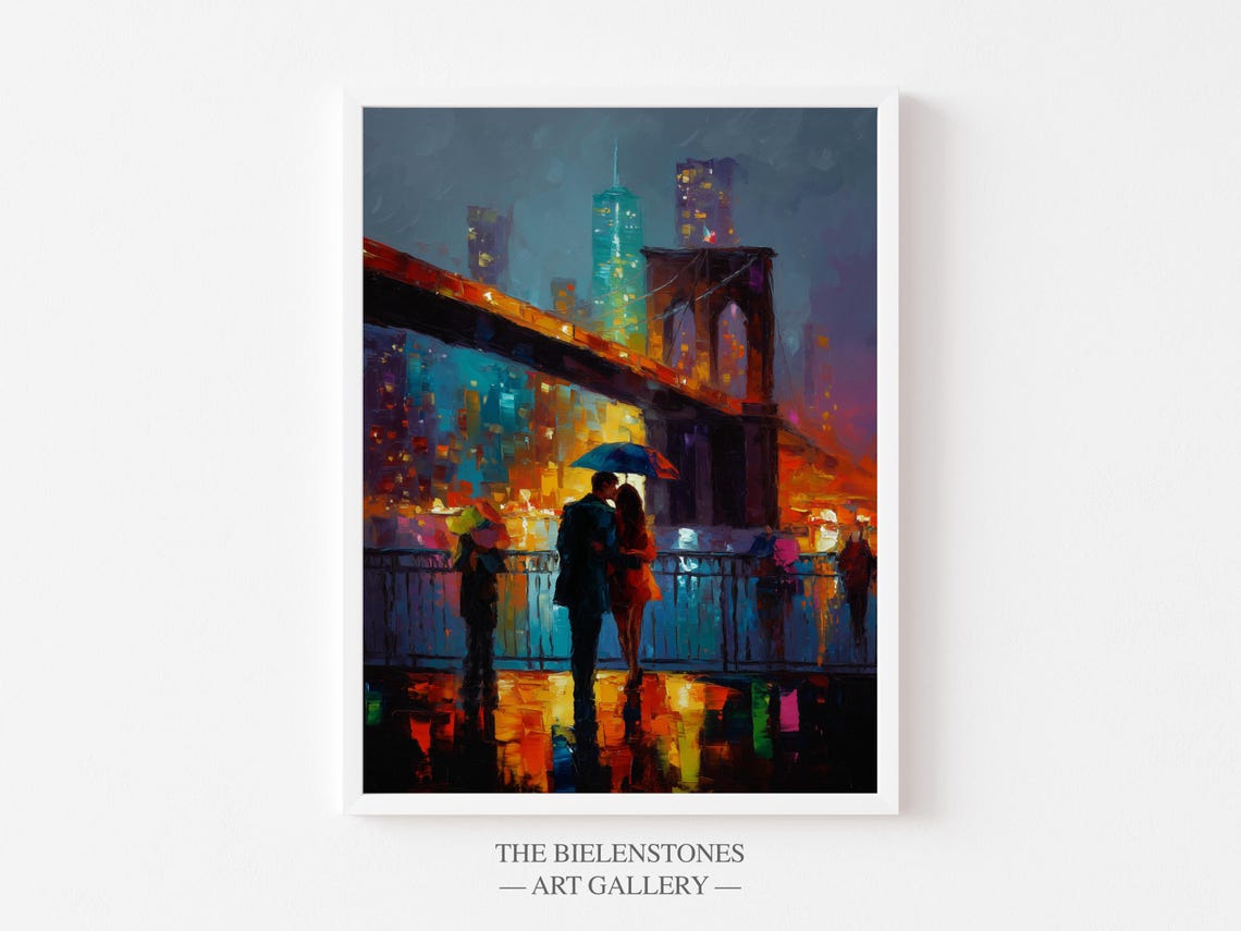 Brooklyn Bridge Kiss Rainy Night NYC Skyline Umbrella Romance Poster