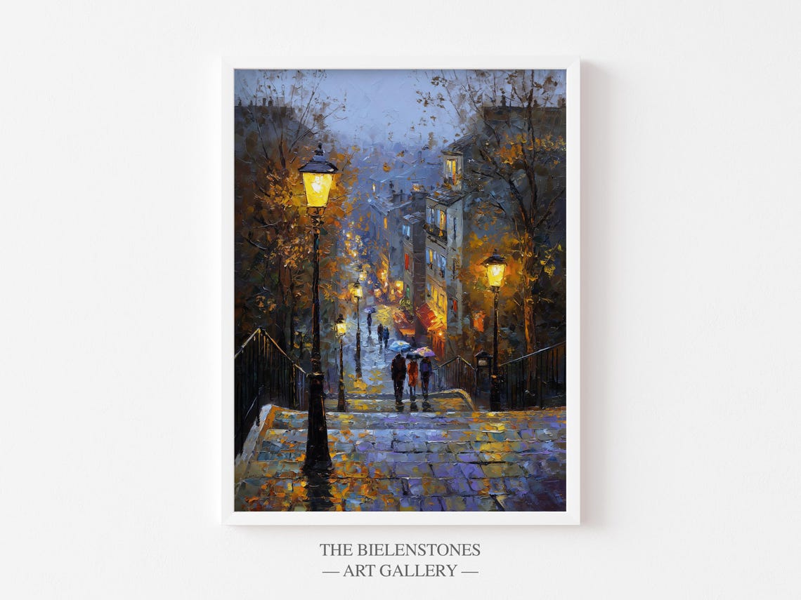 Rainy October Evening Montmartre Paris Street Steps Oil Poster