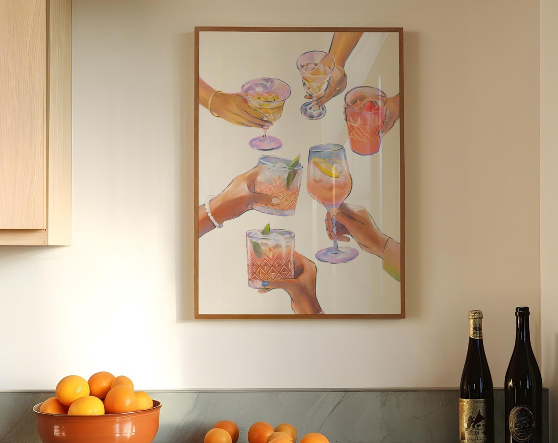 Cheers Watercolor Cocktail Glasses Raised Toast Retro Bar Cart Poster - Image 5