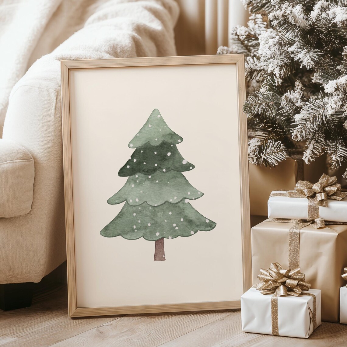 Single Snowy Watercolor Christmas Tree Minimalist Holiday Print