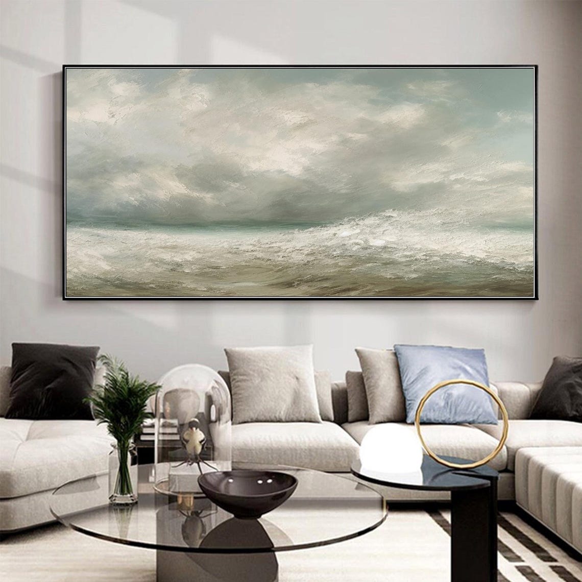 Muted Ocean Waves Gray Clouds Soft Light Panoramic Seascape Art Poster - Image 3