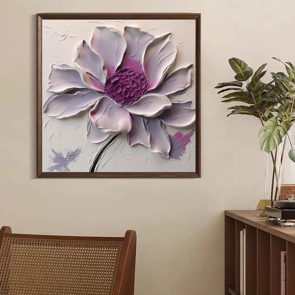 Lavender White Flower Magenta Center 3D Impasto Floral Square Poster - Image 2