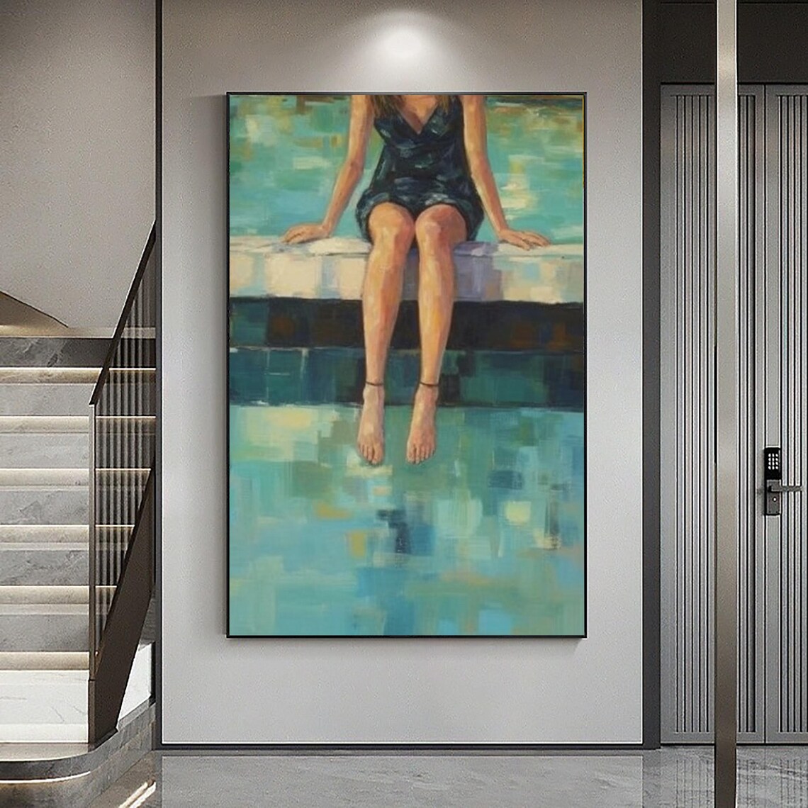 Woman By Pool Dangling Feet Turquoise Water Abstract Oil Painting Poster - Image 3