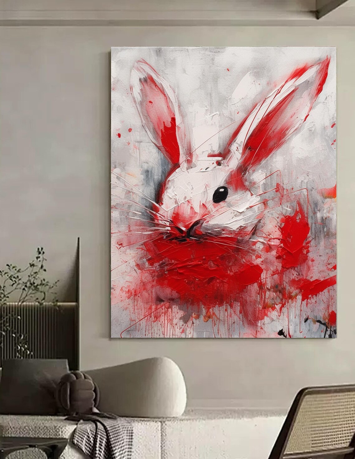 Abstract Red White Rabbit Oil Painting Modern Bunny Animal Canvas Wall Art - Image 4