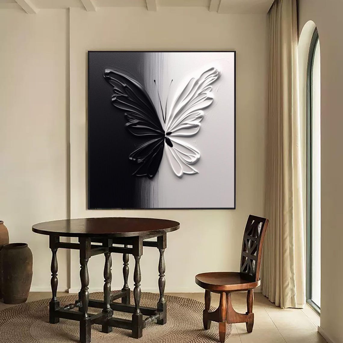 Large Black And White Butterfly Themed Mural Large Butterfly Painting Butterfly Wall Art Textured Painting Minimal Wall Art Insect Wall Art - Image 4