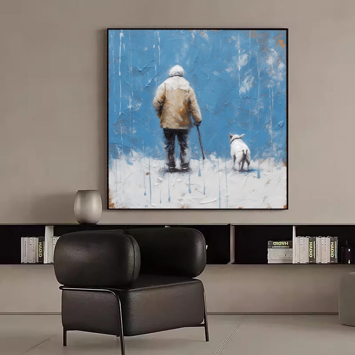 Man And Dog Walking In The Snow Man And Dog Snow Scene Art Original Old Man And The Dog Painting Painting On Antique Snow Painting - Image 3