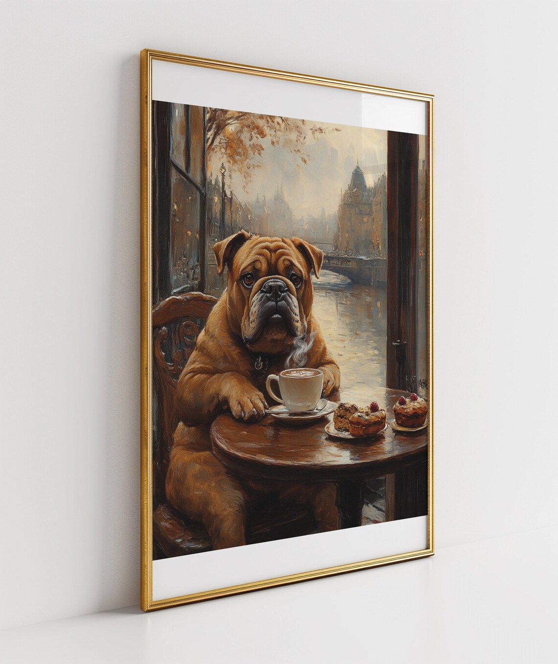 English Bulldog Enjoying Coffee Break at Paris Bistro Art Poster - Image 3