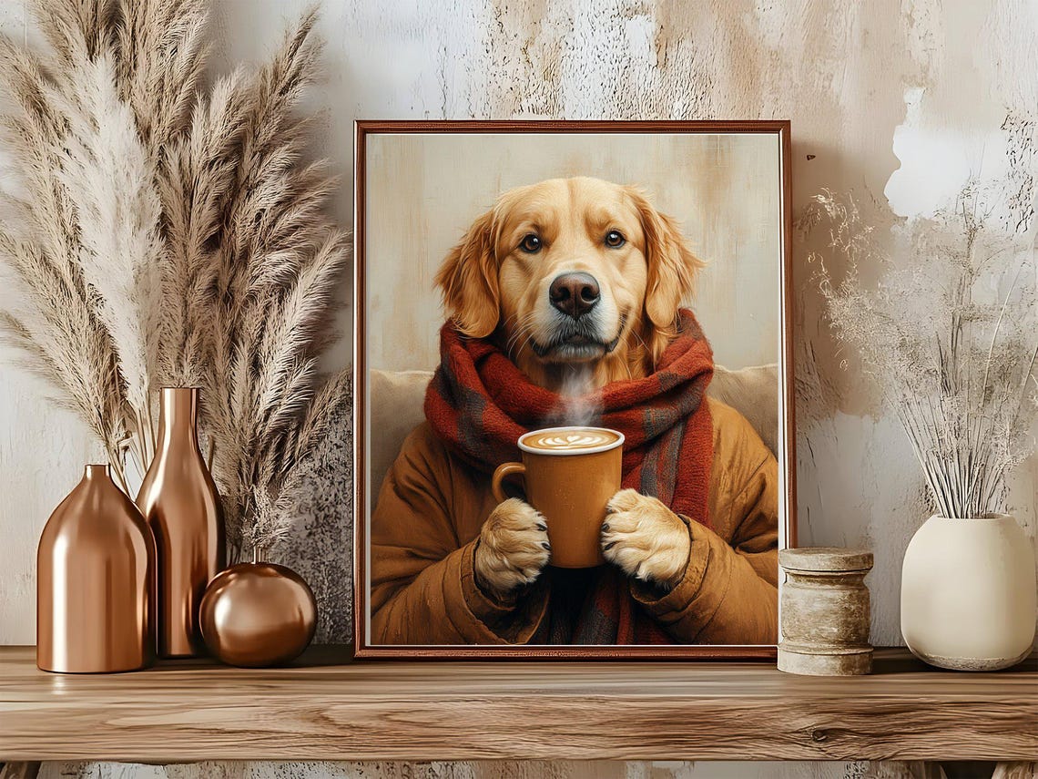 Golden Retriever in Winter Scarf Sipping a Warm Latte Art Poster - Image 5