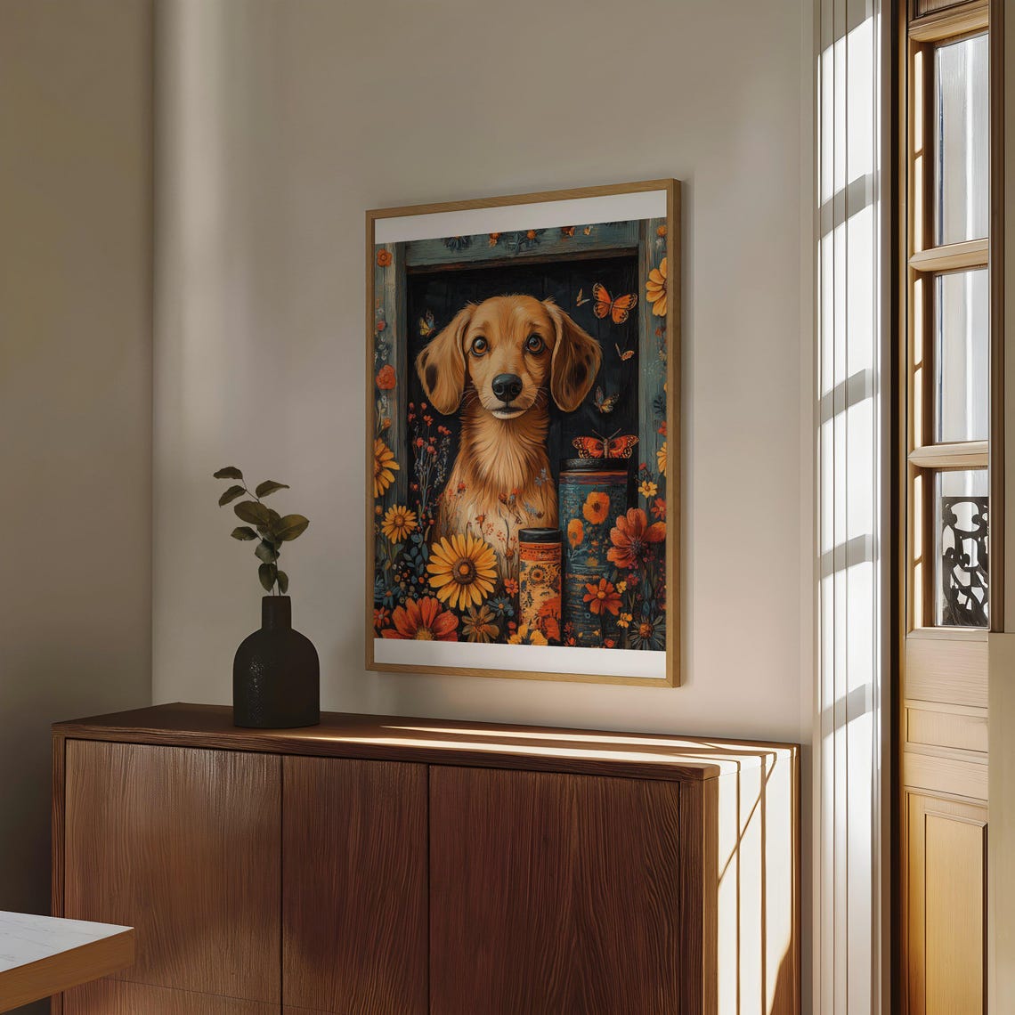 Dachshund Puppy in Floral Window with Butterflies Art Poster - Image 4