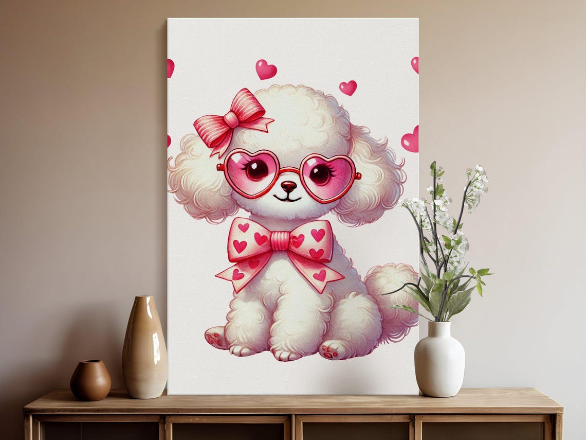 Cute White Poodle Puppy With Pink Heart Sunglasses And Bows Wall Art - Image 5