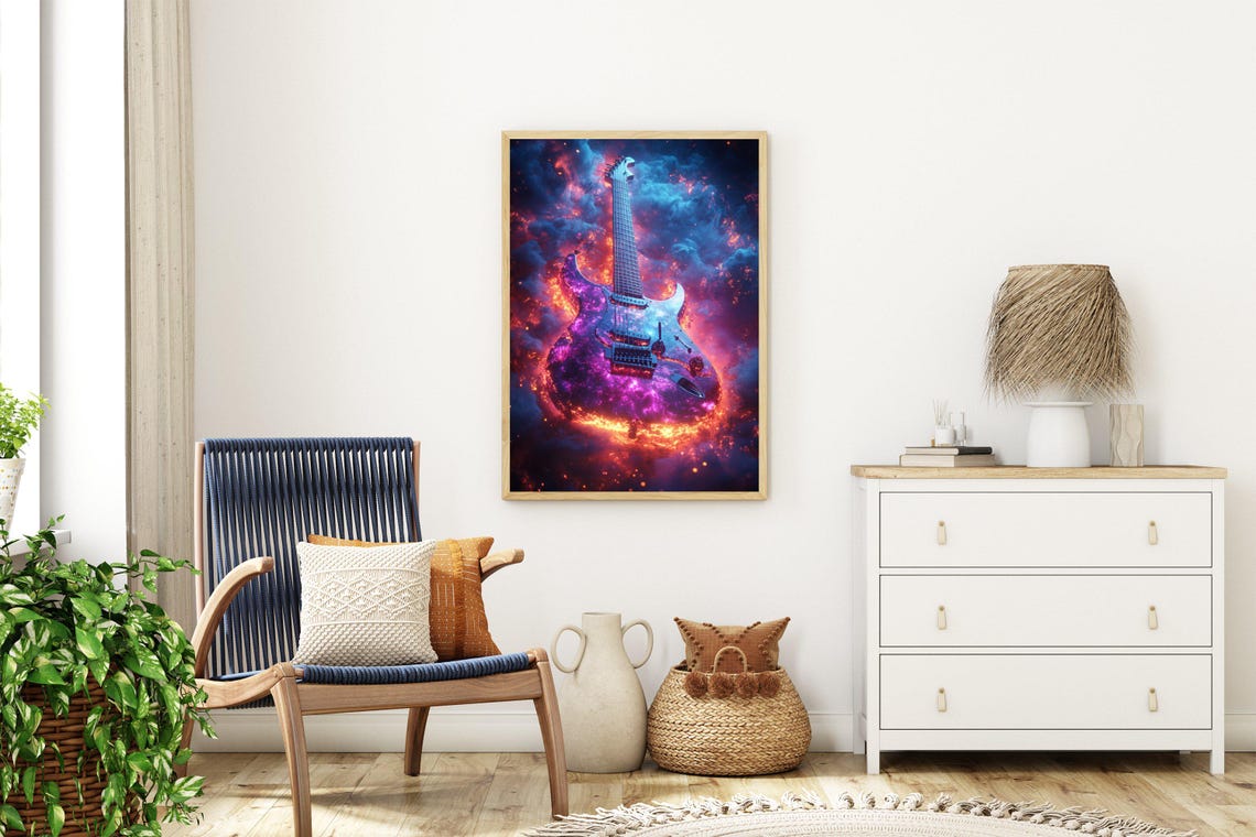 Fiery Electric Guitar Rising From Cosmic Red And Blue Flames Wall Art - Image 3
